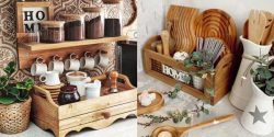 چیدمان روی کابینت با وسایل چوبی و تزئینی برای تازه عروس ها