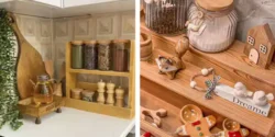 دیزاین آشپزخانه با وسایل چوبی شیک + چیدمان روی کابینت