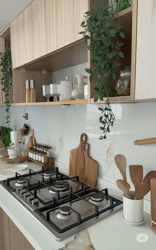 تزیین روی کابینت با وسایل چوبی